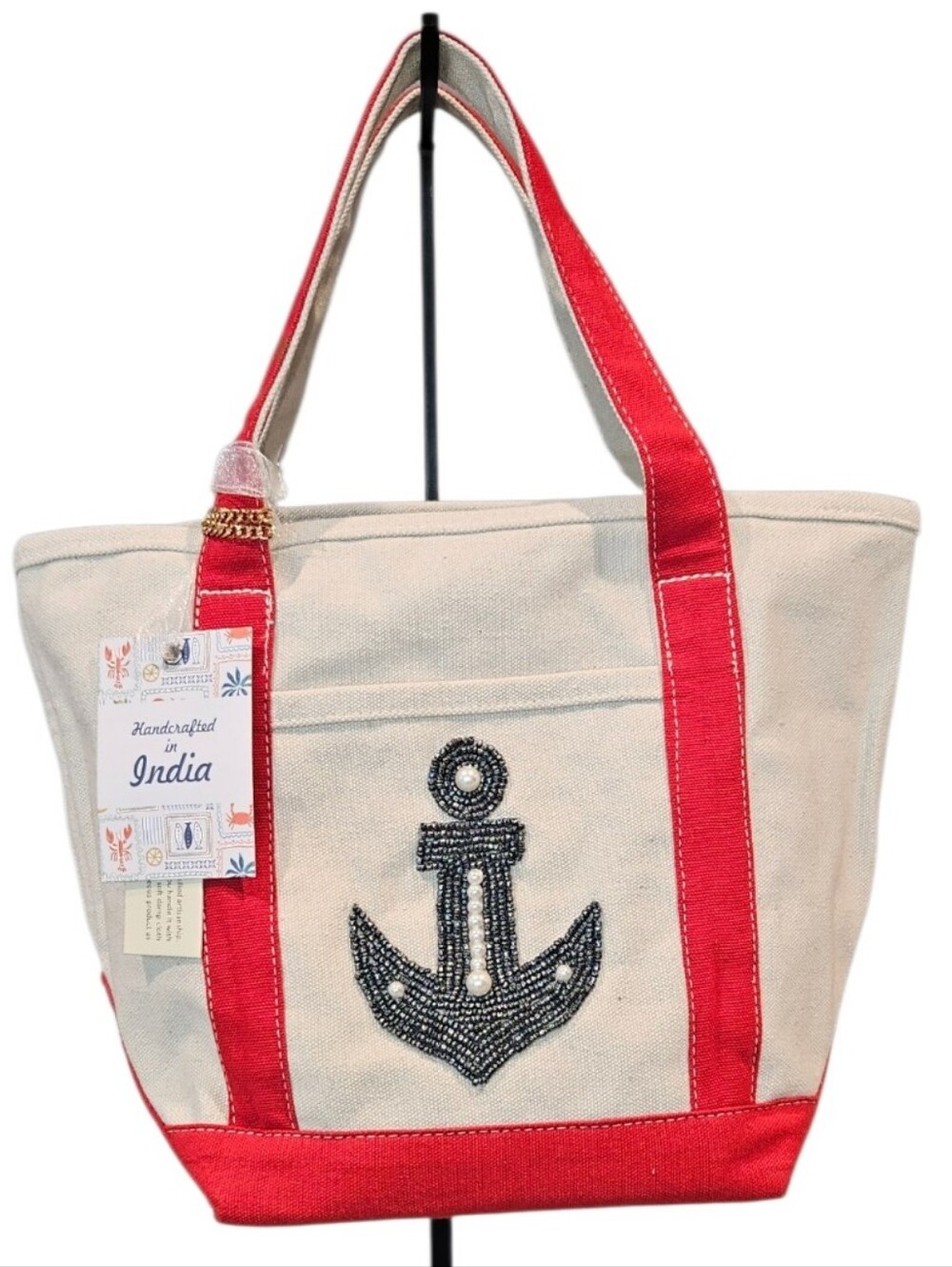 Handcrafted in India Viral NWT Beaded Canvas Mini Tote & Anchor Coin Purse Red - Picture 2 of 15